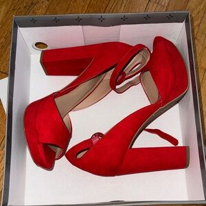 Sun + Stone Vibrant Red Peep-Toe Heels